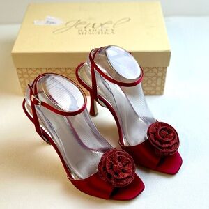 Jewel Badgley Mischka Vida Red Satin Rhinestones Rosettes Stiletto Heels / 8 1/2